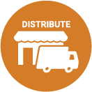 Distribute Food system icon. Truck driving away from storefront.