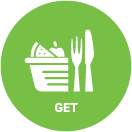 Get Food system icon. Basket of healthy food next to fork and knife.